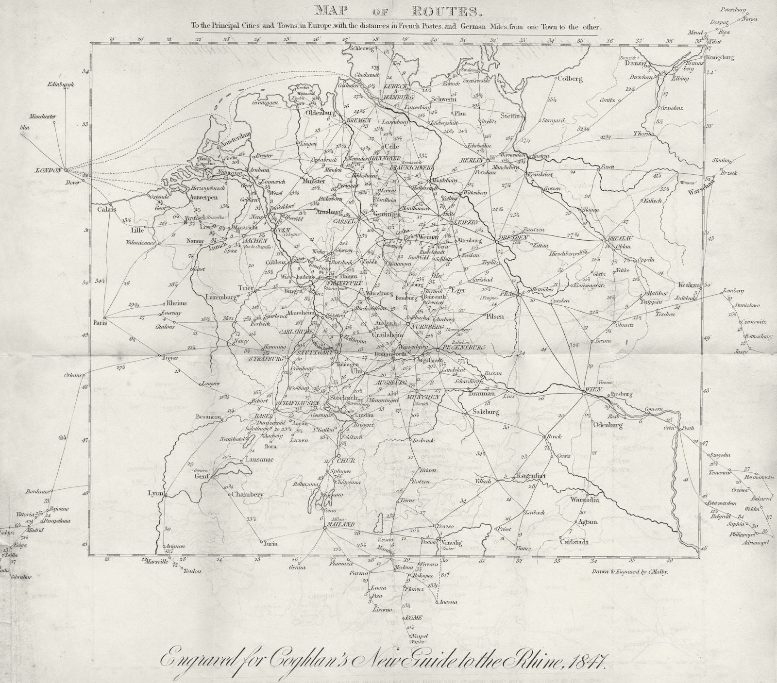 GERMANY. Route distances Postes Miles; Coghlan 1837 old antique map plan chart